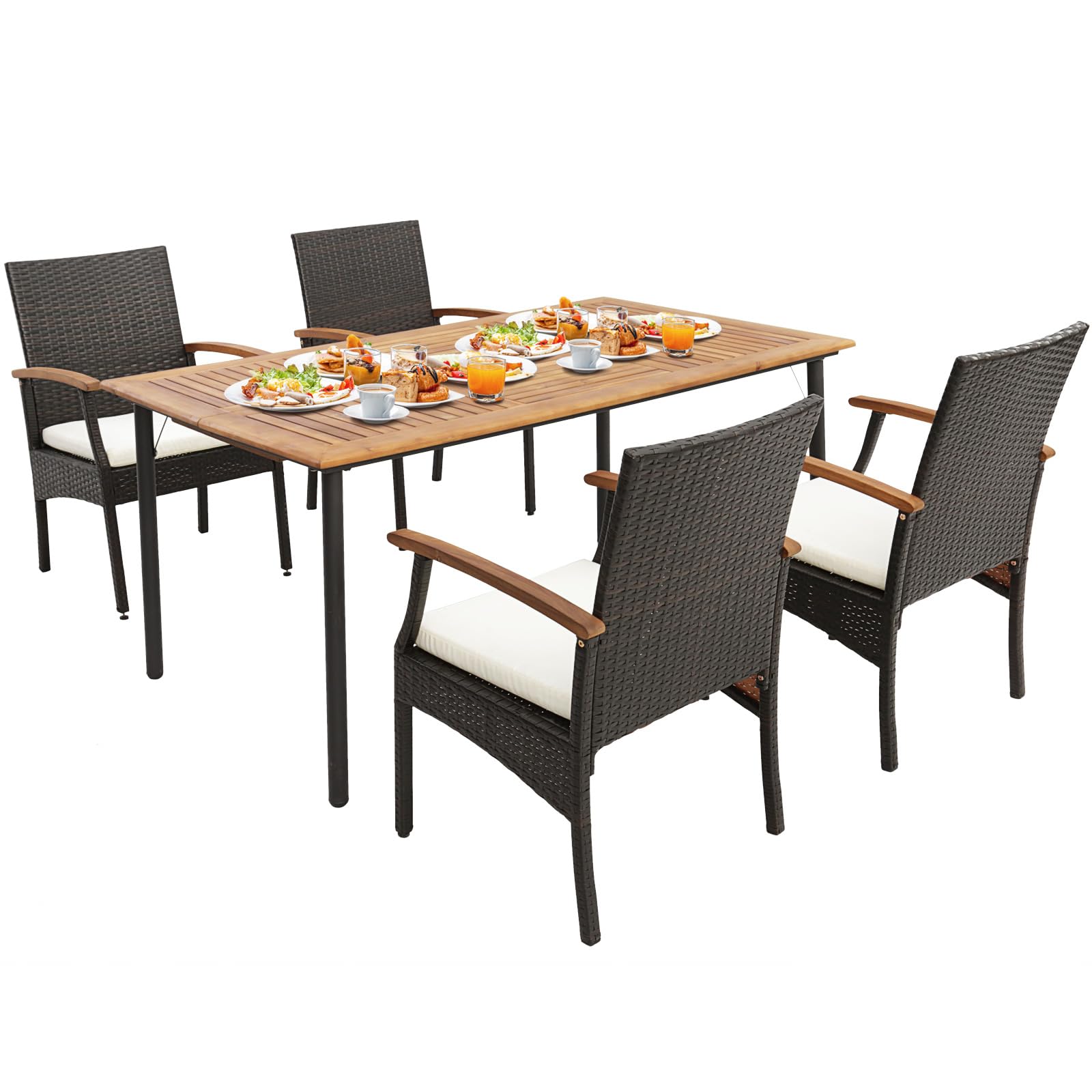 Ensemble de salle à manger d'extérieur 5 pièces Tangkula avec table en bois d'acacia et 4 chaises en rotin et osier avec accoudoirs